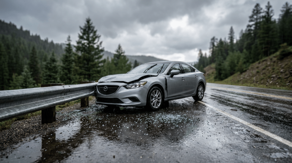 A silver sedan with a damaged front end is stopped on a wet road after a car accident in Utah, having collided with a guardrail in a forested, mountainous area. Broken glass is scattered on the ground.