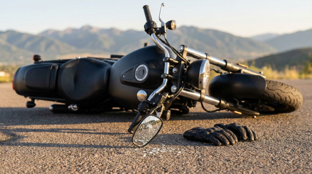 A black motorcycle lies on its side on a road with a broken side mirror and a pair of gloves nearby; mountains rise in the background, highlighting the aftermath of an incident that could lead to a motorcycle accident claim.