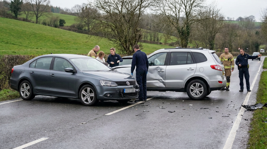 Two cars collided on a rural road; people, including emergency responders, stand nearby as debris is scattered on the wet pavement—raising concerns about compensation awards for those involved.