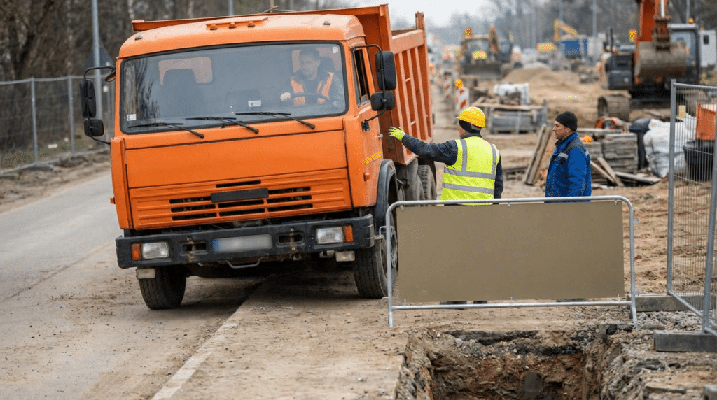 An orange dump truck stops near a construction site in Park City, Utah, as two workers in safety gear stand nearby, with excavation and equipment visible in the background—an important setting for truck accident investigations.