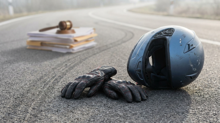 A scratched motorcycle helmet and gloves lie on an asphalt road, with a stack of papers and a judge's gavel blurred in the background, hinting at a pending motorcycle accident claim or potential compensation awards.