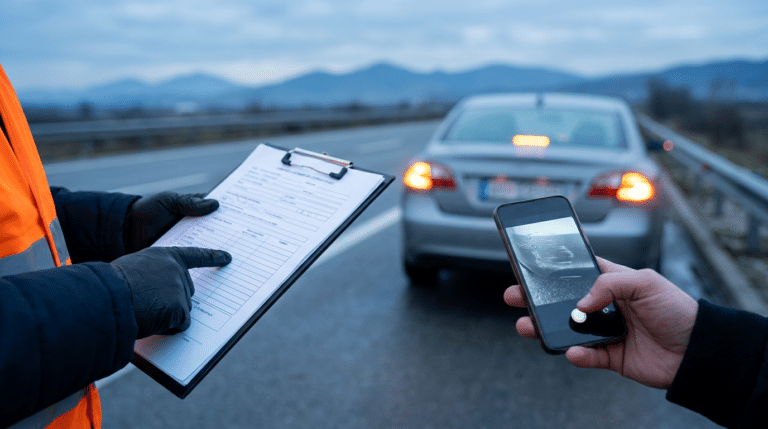 A person in a reflective vest holds a clipboard with legal checklist forms while another takes a photo of a car stopped on the side of a road, illustrating what to do after a car accident in Utah.