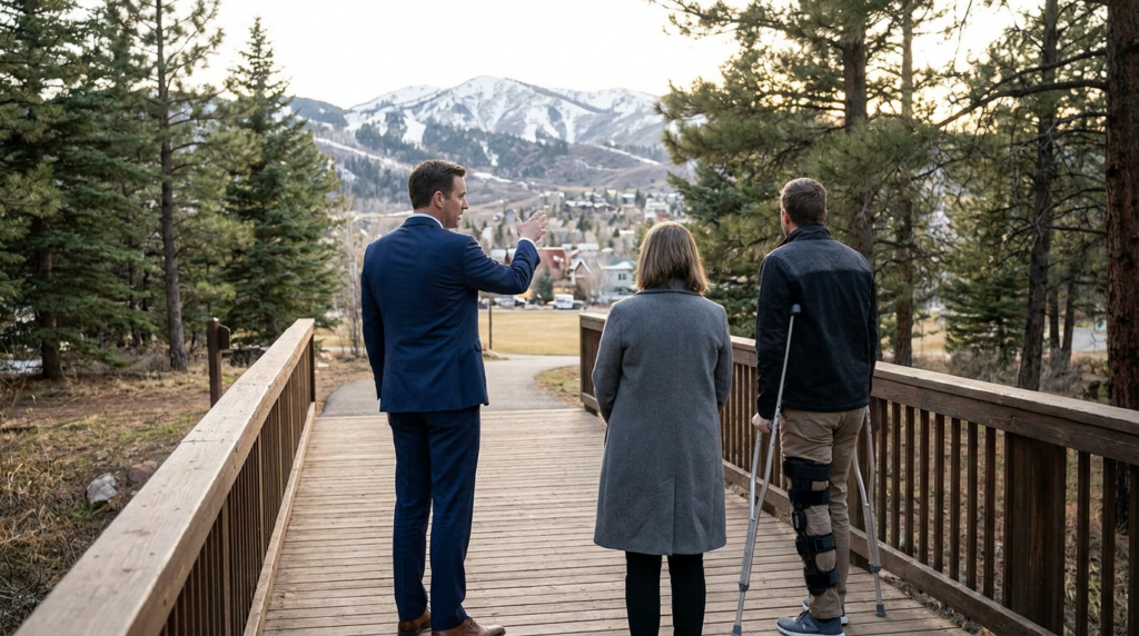 Three people stand on a wooden bridge in Park City, Utah, overlooking the town and mountains; one uses crutches and a leg brace while another gestures toward the view—perhaps reflecting on moments when a personal injury lawyer could help.
