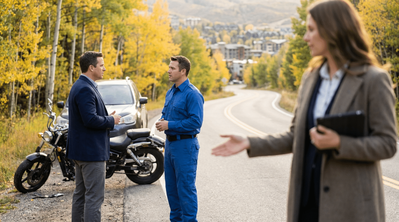 Two men stand talking near a parked motorcycle and SUV on a rural Park City road, while a woman in a coat gestures in the foreground—possibly discussing motorcycle accident claims.