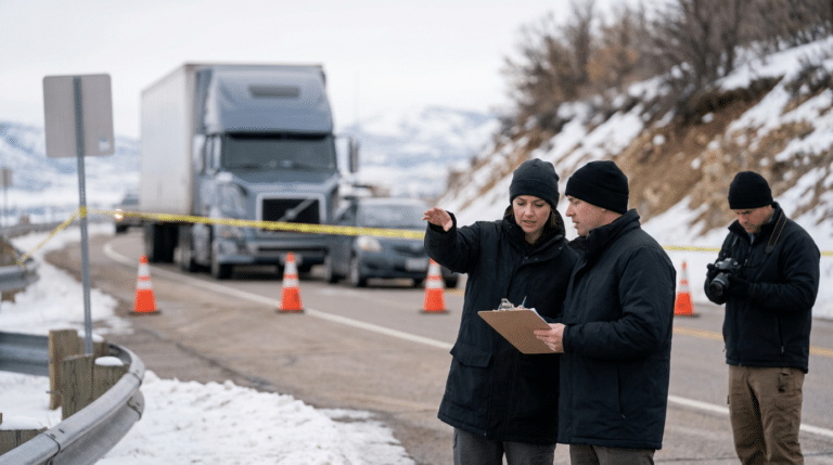 Two investigators stand by a snowy roadside in Park City, Utah, discussing truck accident investigations near a semi-truck and traffic cones; a third person takes photos in the background.