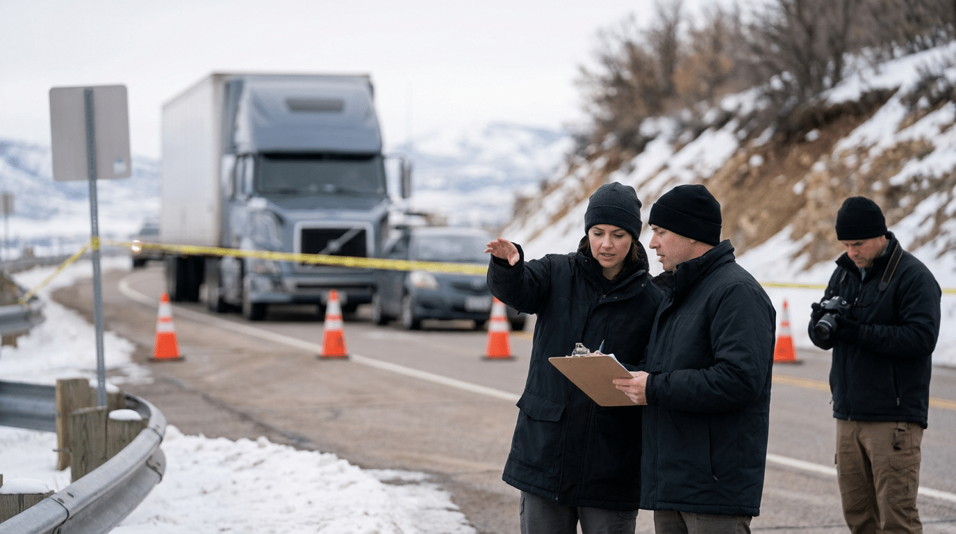 Two investigators stand by a snowy roadside in Park City, Utah, discussing truck accident investigations near a semi-truck and traffic cones; a third person takes photos in the background.